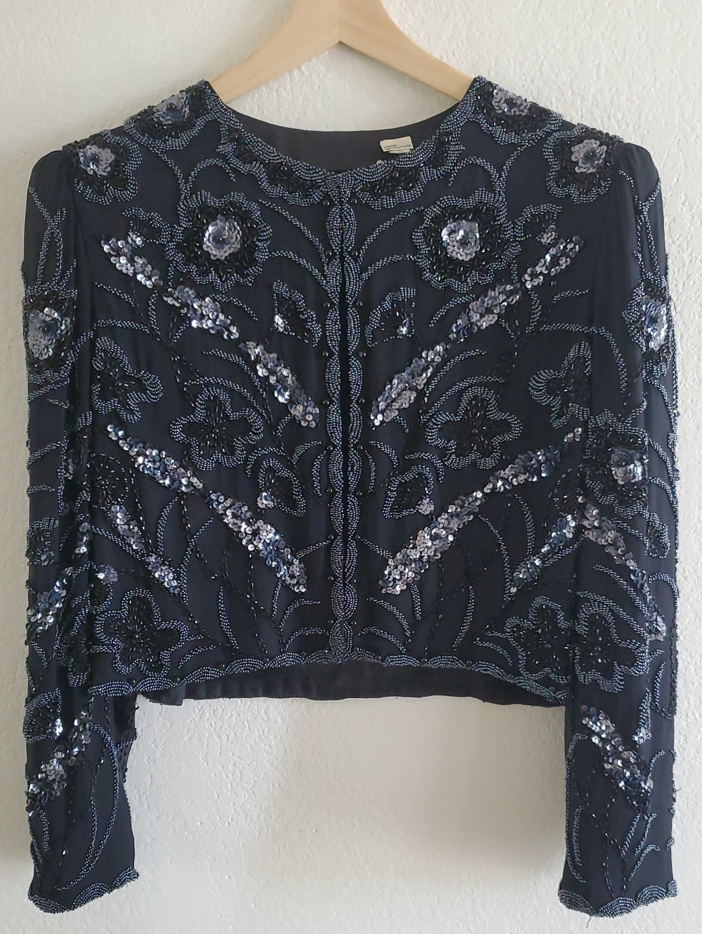 Vintage Beaded Cropped Black Jacket, Goth Grandma